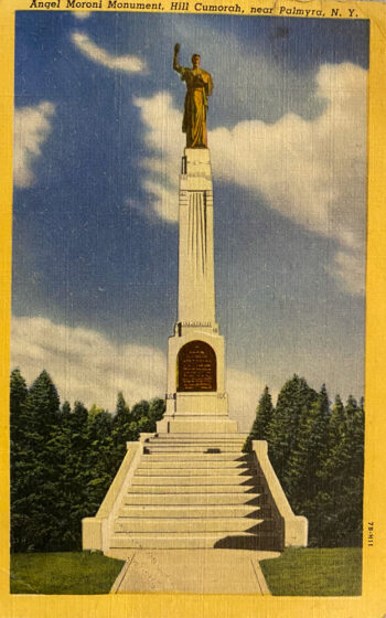 Angel Moroni Statue in Palmyra New York Postcard 1948_Front